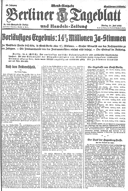 Titelblatt des "Berliner Tageblattes" vom 21. Juni 1926